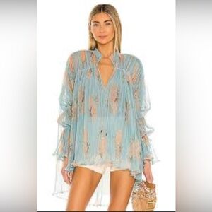 Free People Dahlia Dark Combo Tunic Size S Bell Sleeve Oversized Sheer Flowy
